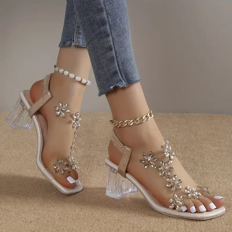 🔥Ultimo giorno di saldi: 50% di sconto - Sandali da donna con tacco largo, cristalli e motivo floreale